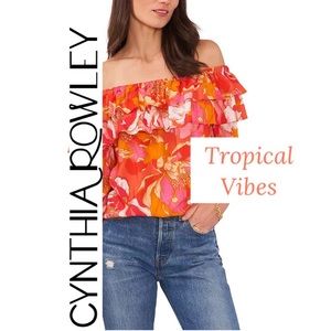 Tropical Babydoll Top Ruffle Sleeve Blouse Palm Leaf Print Cynthia Rowley Size L